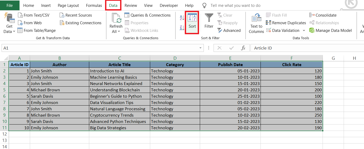 sort numbers in excel