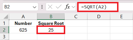 Square Root of 4 in Excel