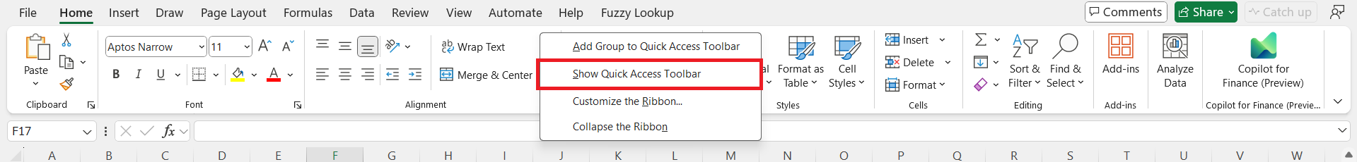 Can't Find Quick Access Toolbar in Excel