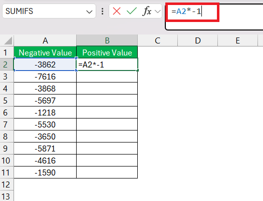 Convert Negative value to Positive value in Excel
