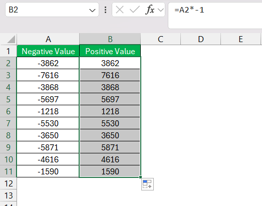Convert Negative value to Positive value in Excel