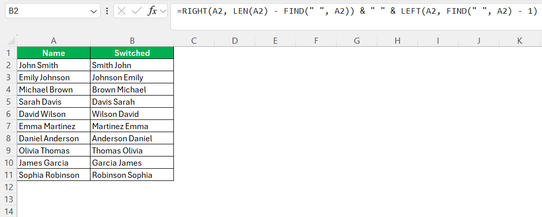 Switch from First to Last Names in Excel