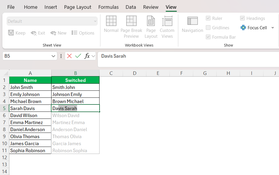 Switch from First to Last Names in Excel