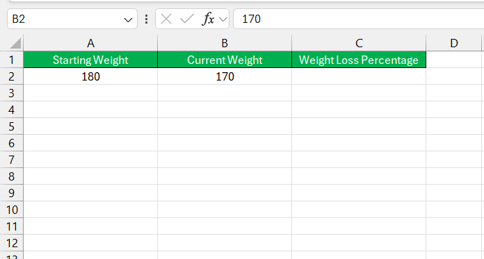 Weight Loss Percentage in Excel