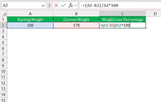 Weight Loss Percentage in Excel