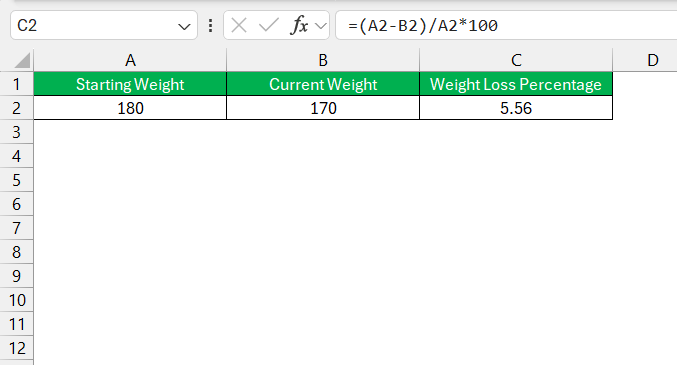 Weight Loss Percentage in Excel