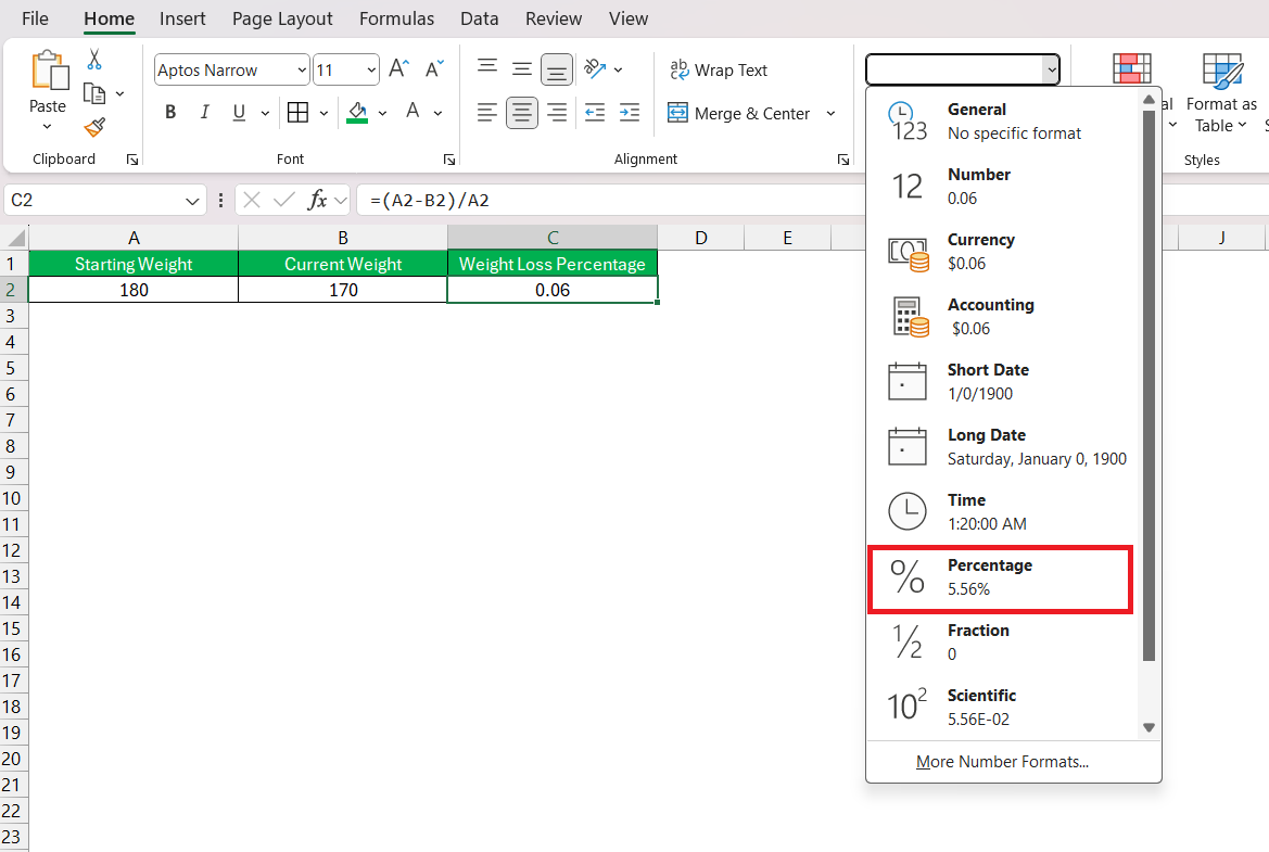 Weight Loss Percentage in Excel