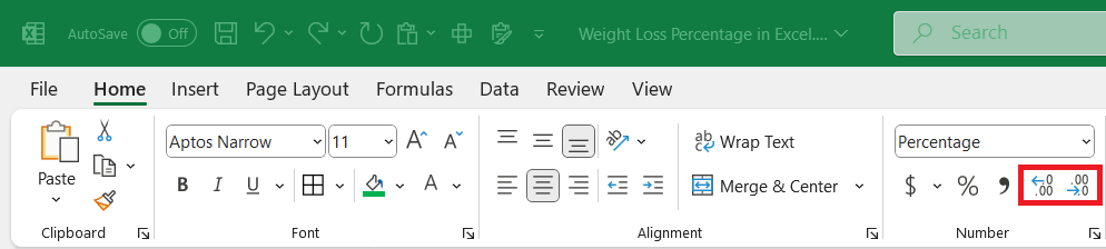 Weight Loss Percentage in Excel