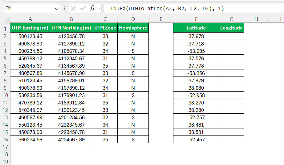 convert northing easting to lat long in excel