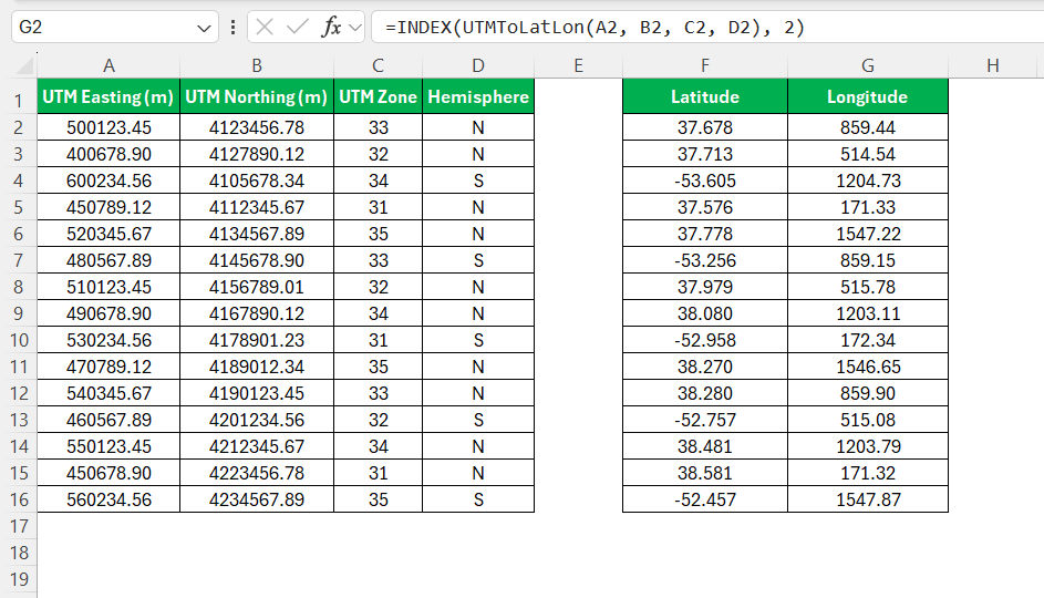 convert northing easting to lat long in excel