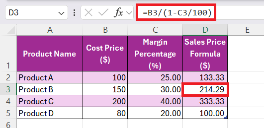 Margin Formula in Excel