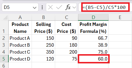 Margin Formula in Excel