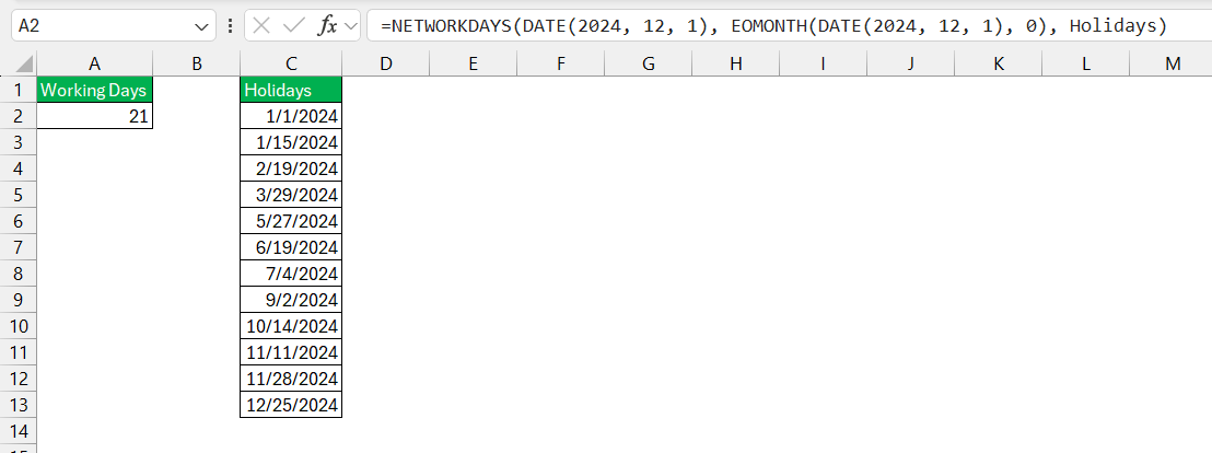 How Many Working Days in a Month in Excel