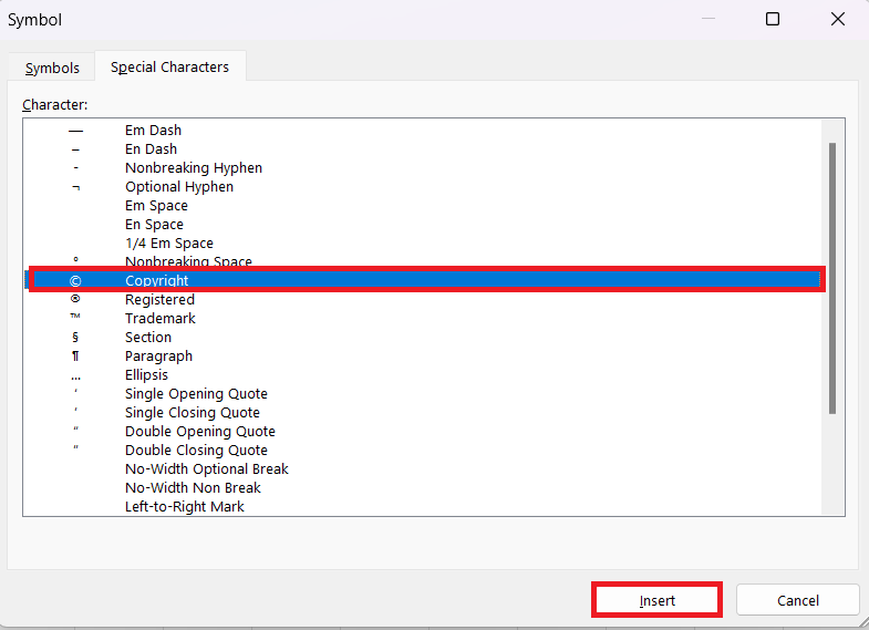 Insert Copyright Symbol in Excel