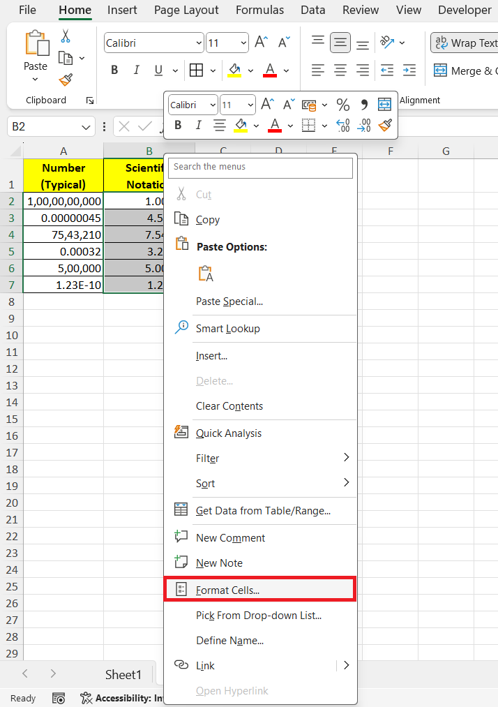 Convert Numbers to Scientific Notation in Excel