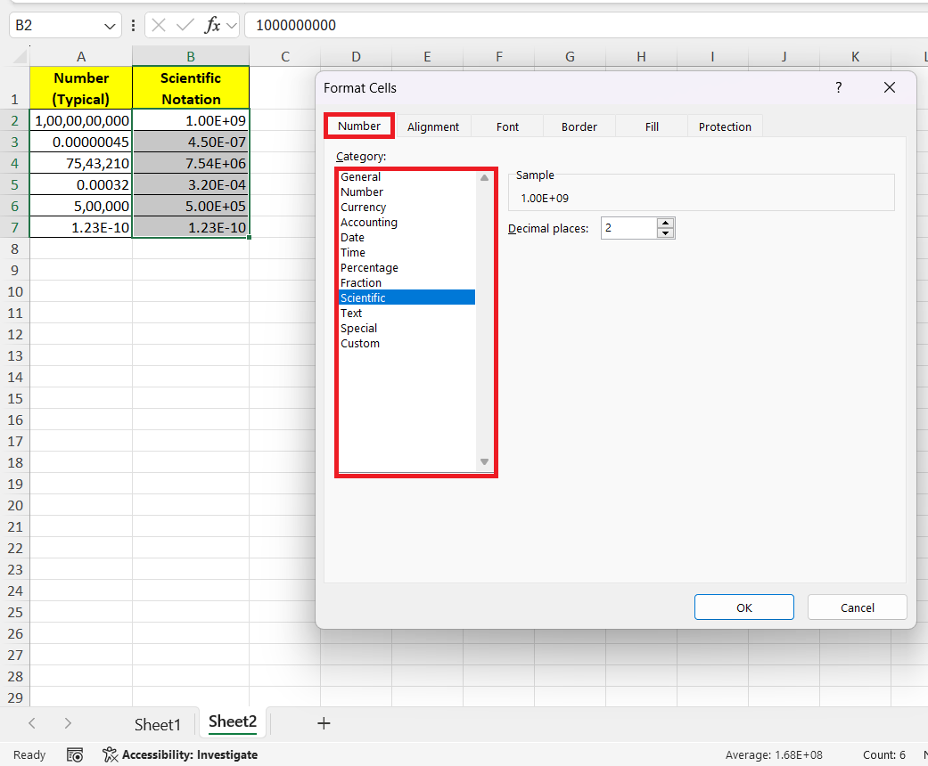 Convert Numbers to Scientific Notation in Excel