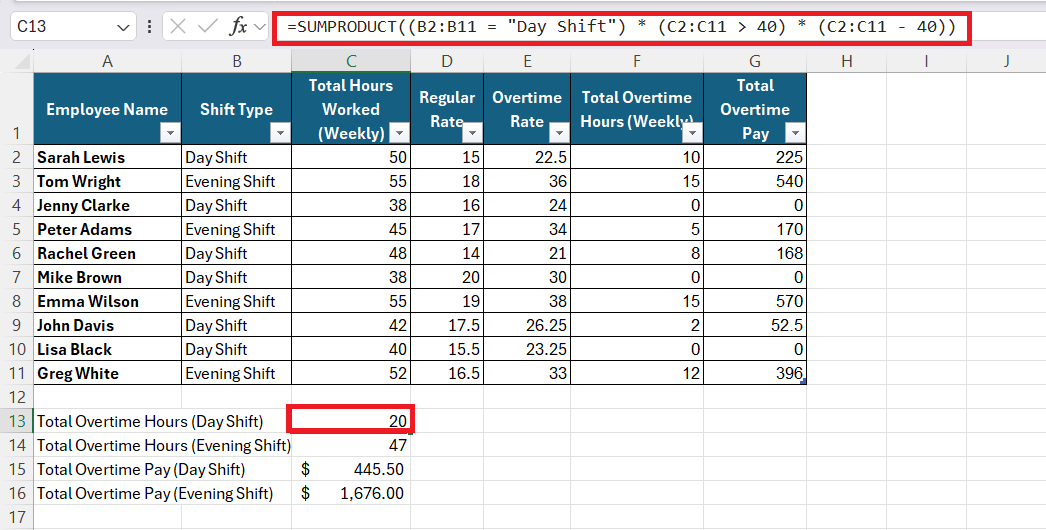 how to calculate ot in Excel
