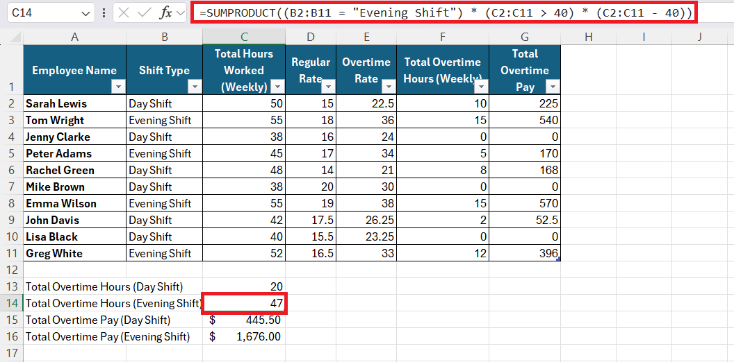 how to calculate ot in Excel
