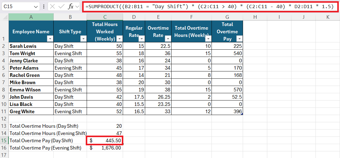 how to calculate ot in Excel
