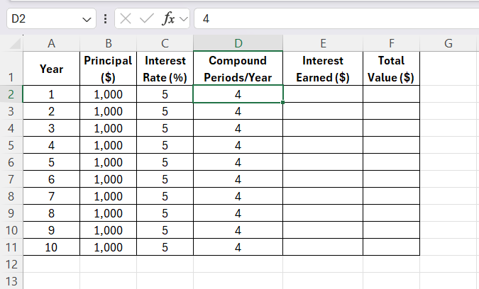 Continuously Compound Interest Formula in Excel