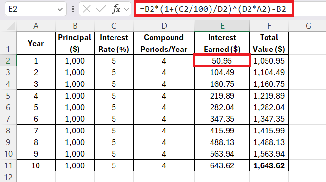 Continuously Compound Interest Formula in Excel