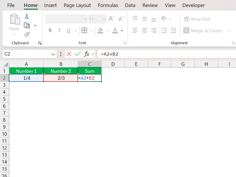 Add 1/4 and 2/3 as Fraction in Excel
