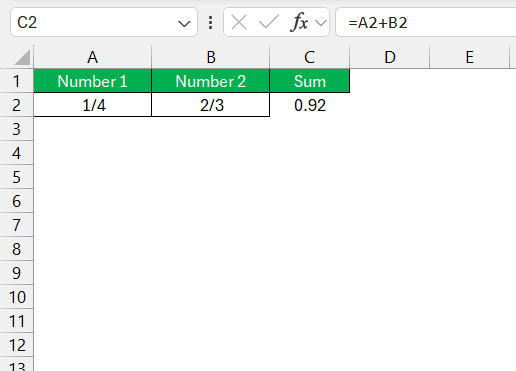 Add 1/4 and 2/3 as Fraction in Excel