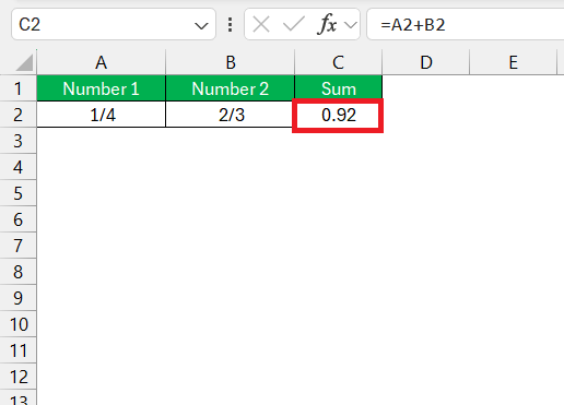 Add 1/4 and 2/3 as Fraction in Excel