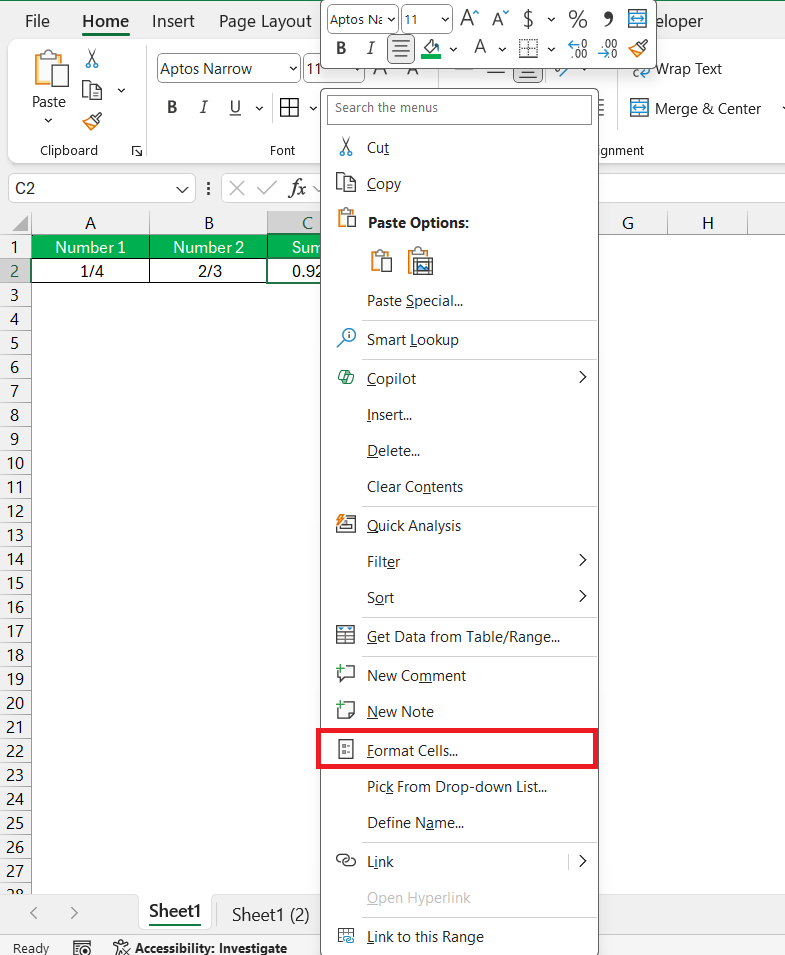Add 1/4 and 2/3 as Fraction in Excel
