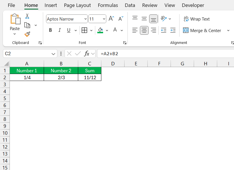 Add 1/4 and 2/3 as Fraction in Excel