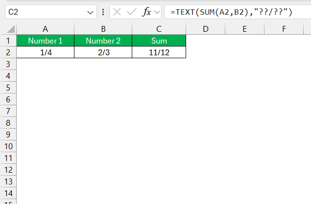 Add 1/4 and 2/3 as Fraction in Excel