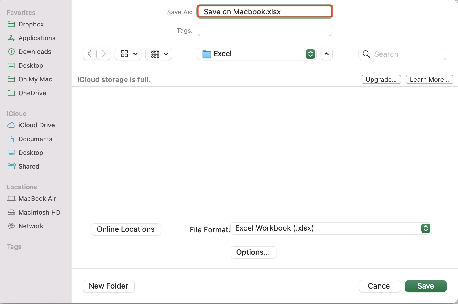 Save Excel on Mac