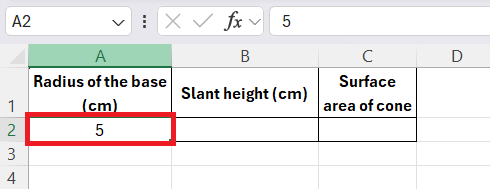 Surface Area of a Cone in Excel