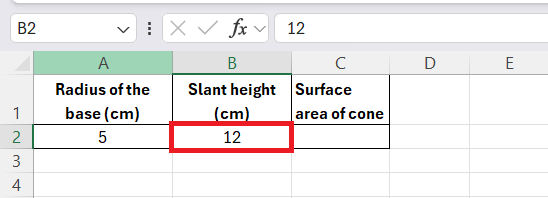 Surface Area of a Cone in Excel