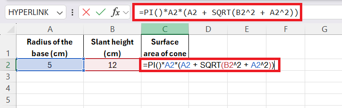 Surface Area of a Cone in Excel