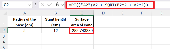 Surface Area of a Cone in Excel