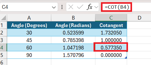 Cotangent Formula in Excel