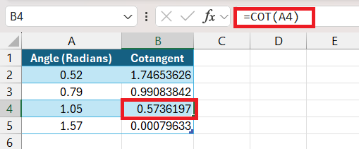 Cotangent Formula in Excel