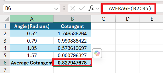 Cotangent Formula in Excel