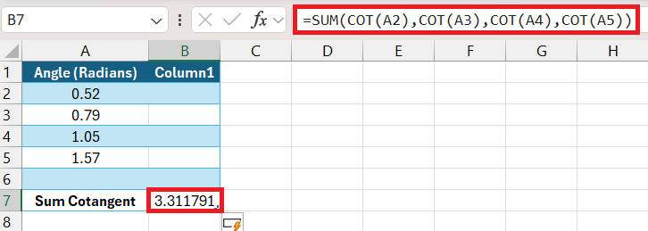 Cotangent Formula in Excel