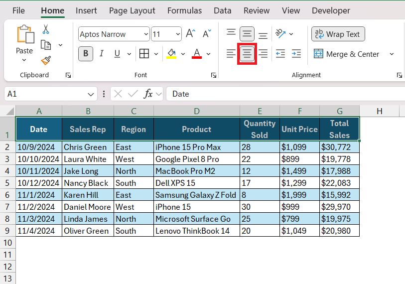 How to Center Values in Excel Table