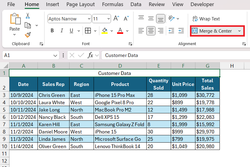 How to Center Values in Excel Table