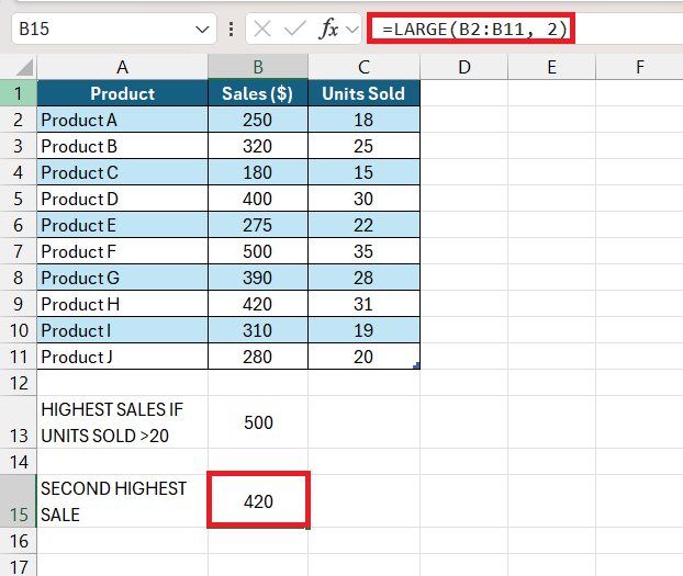 Largest Number in Excel