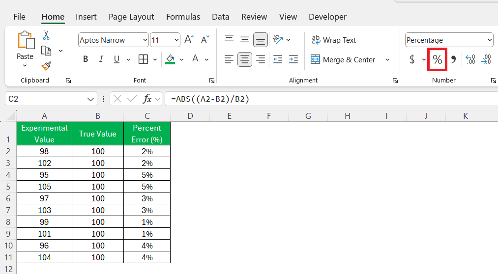 how to find percent error