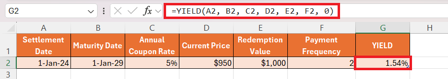 Yield Formula in Excel