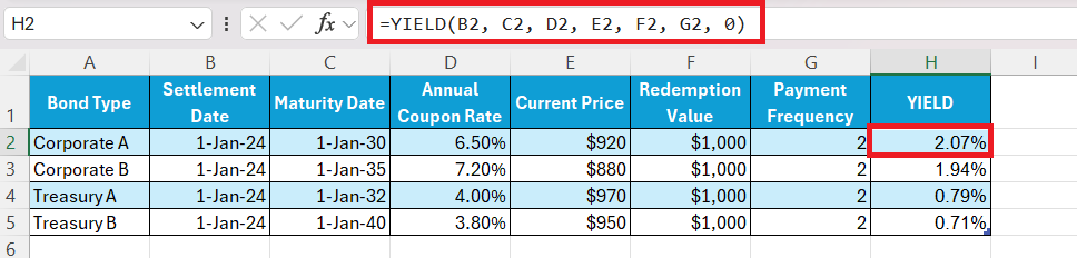 Yield Formula in Excel