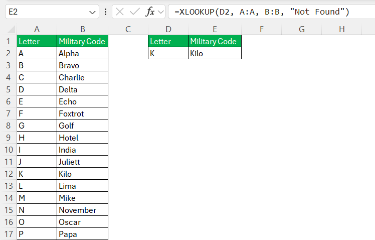 Military Letter Codes in Excel