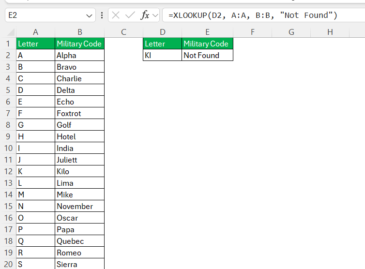 Military Letter Codes in Excel