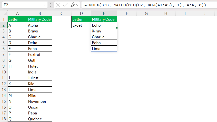 Military Letter Codes in Excel