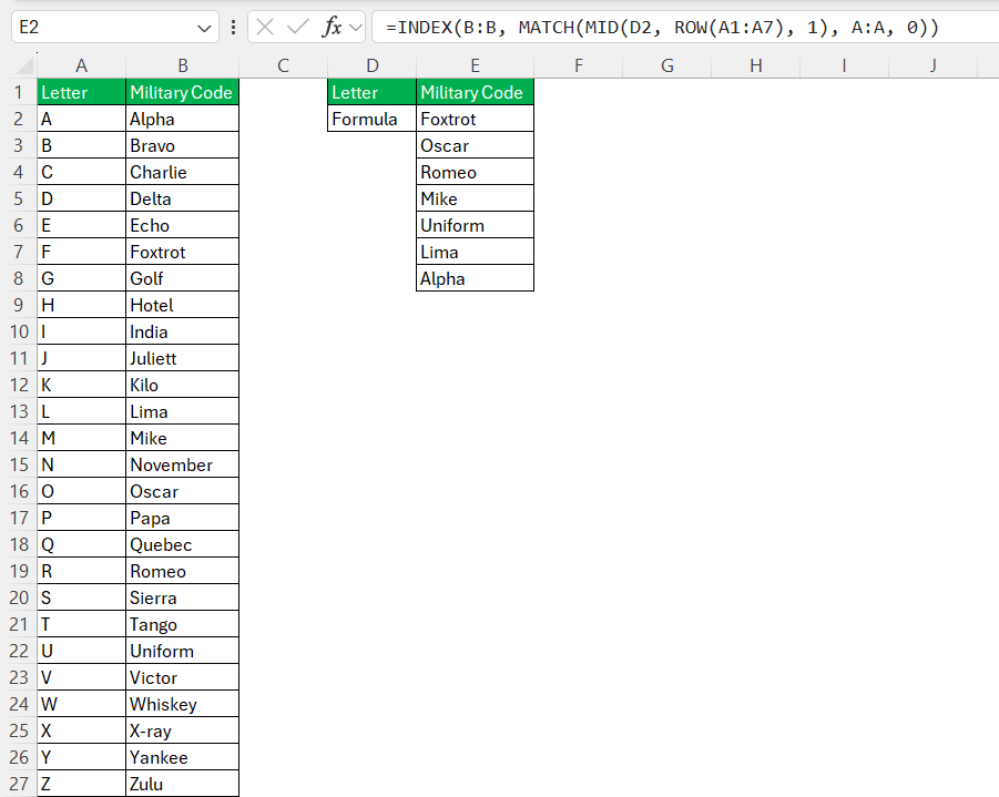 Military Letter Codes in Excel